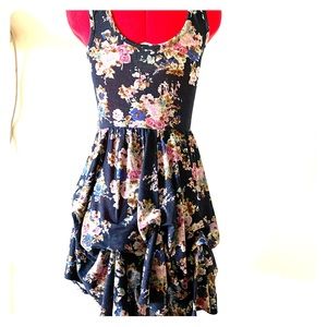 Floral Navy Skater Tank Dress with Pickups Ruffles